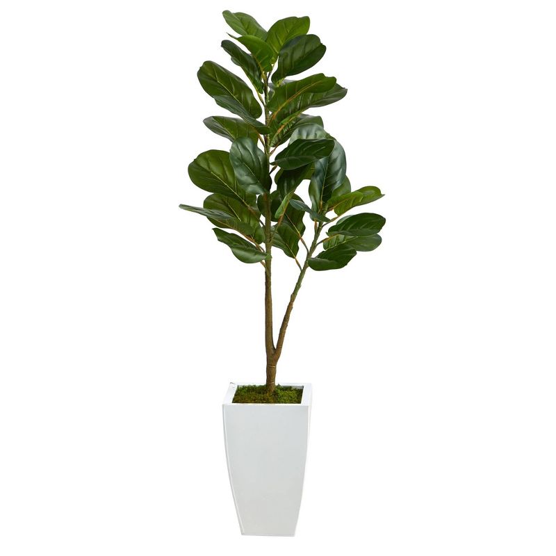 Nearly Natural 4’ Fiddle Leaf Fig Artificial Tree in White Metal Planter, 1 of 2
