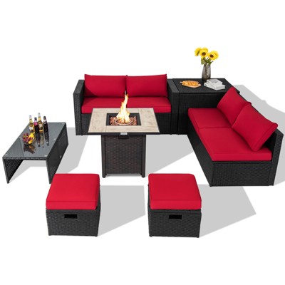 Tangkula 9 Pieces Outdoor PE Rattan Wicker Sectional Sofa with 42" Gas Fire Pit Table Space-Saving Patio Conversation Set with Storage Box Black/Grey/Navy/Red/Turquoise/Off White