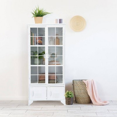 White Metal Freestanding Cabinet with Glass Doors and Shelves