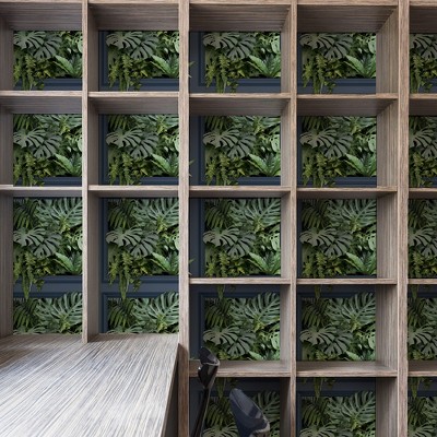 Tropical Green Leaves 3D Blue Panel Peel and Stick Wallpaper