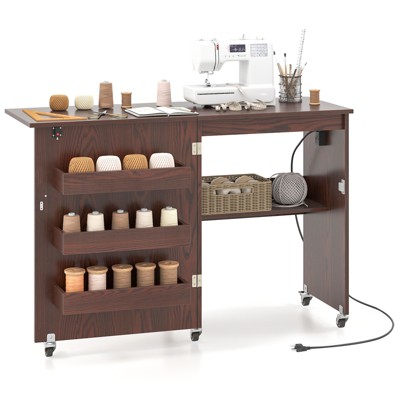 Tangkula Sewing Machine Table with Charging Station Folding Sewing Cabinet w/Lockable Casters
