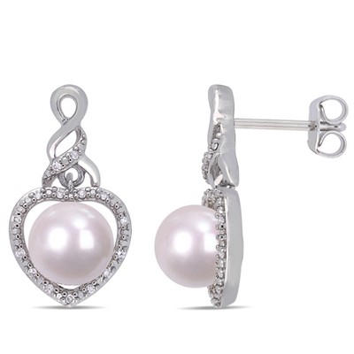 EVERLY JEWELRY |  Sterling Silver 1/10 CT Diamond TW 7 - 7.5 MM Cultured Freshwater Pearl Fashion Post Earrings