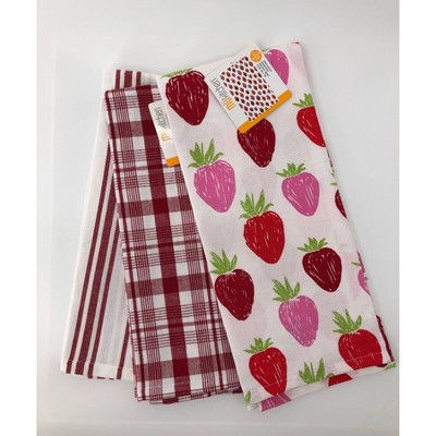 3pk Designer Strawberry Print Towel - MU Kitchen: 100% Cotton Kitchen Textiles, Absorbent, Machine Washable