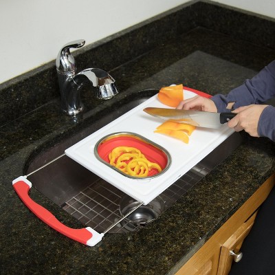 Over the Sink Cutting Board Non-Slip & Collapsible Colander-Silicone Pasta Strainer, Chop Fruit & Vegetables- Entertaining & Cooking