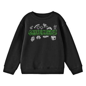 Minecraft Doodle Logo Crew Neck Long Sleeve Black Youth Sweatshirt