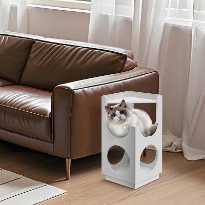 Modern Indoor Cat House Tower with Climbing Platform,Space Saving Double Layer Cat Furniture for Small and Medium Cats-LAOTIES