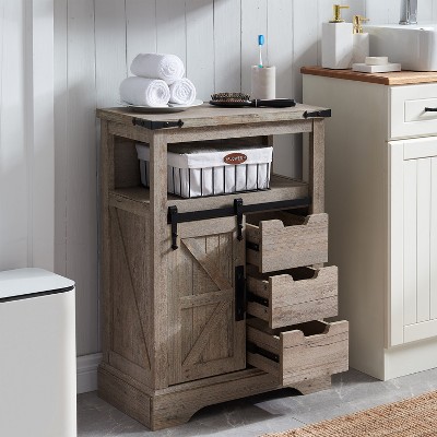 OKD Bathroom Floor Cabinets with Sliding Barn Door & 3 Drawers