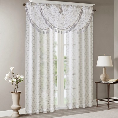 MAYEERTY 38x46" Diamond Sheer Embroidered Waterfall Valance White/Grey