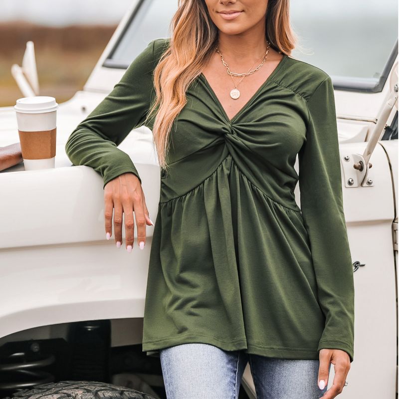 Women's V-neck Long Sleeve Twisted Front Top - Cupshe, 4 of 8