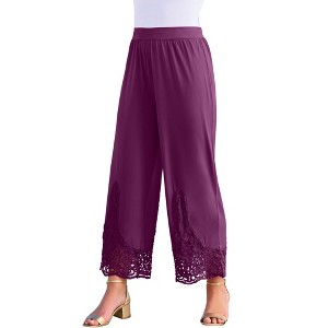 Roaman's Women's Plus Size Wide Leg Ultrasmooth Fabric Lace Pant - 1 of 4