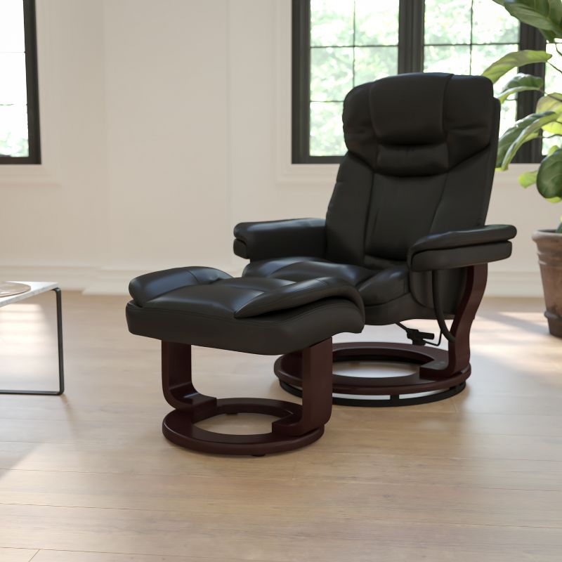 Flash Furniture Contemporary Multi-Position Recliner and Curved Ottoman with Swivel Mahogany Wood Base, 3 of 15