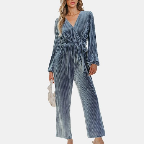 Maternity Rib Long Sleeve Wrap Belted Wide Leg Jumpsuit