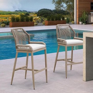 PURPLE LEAF Patio Sunbrella Bar Stools Set of 2 Handwoven Wicker Bar Height Stool Modern Aluminum Outdoor Wicker Barstools with Back and Cushion - 1 of 4