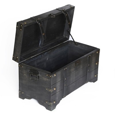 Distressed Black Medium Wooden Storage Trunk with Faux Leather Straps
