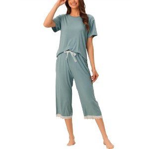 INSPIRE CHIC Women's Modal Loose Summer Solid Lace Trim Short Sleeve Carpri Pajama Set - 1 of 4