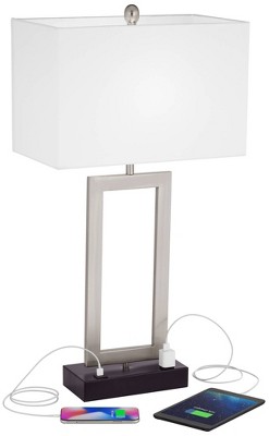 30" Tall Silver Brushed Nickel Rectangular Table Lamps Set with White Fabric Shades