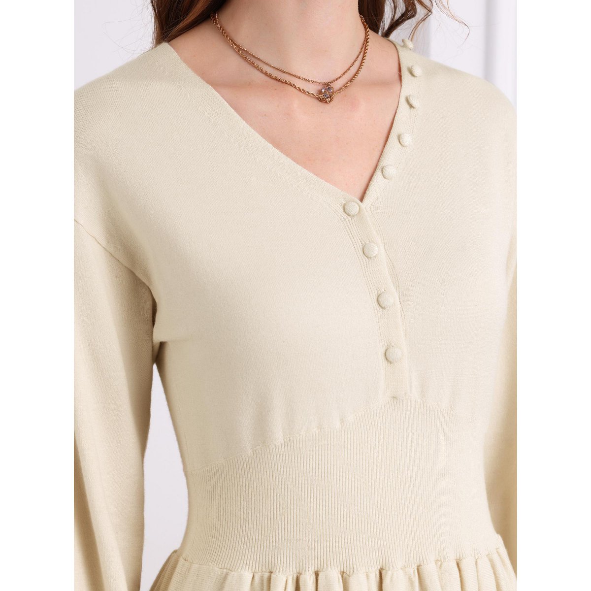 Женские платья INSPIRE CHIC Women's A-Line V Neck Long Sleeve Ribbed Knit Sweater Dress Beige Large — фото 4