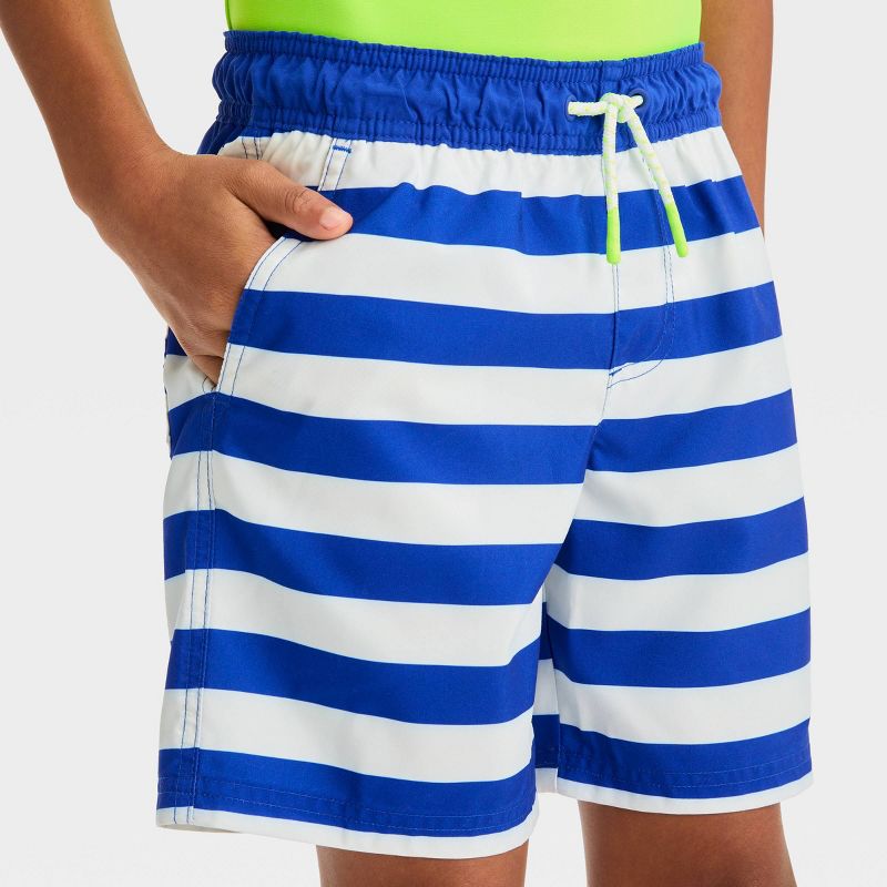Boys' Short Sleeve Shark Printed & Striped Rash Guard Top & Swim Shorts Set - Cat & Jack™ White/Blue/Lime Green, 5 of 6