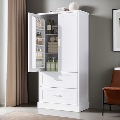 Tall Bathroom Storage Cabinet, Cabinet with Two Doors and Drawers, Adjustable Shelf, MDF Board - Leovsnove