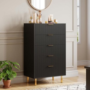 Fluted Wood Dresser for Bedroom with 5 Drawers, 29.5" Wide Large Modern Chest of Drawers, White Dresser with Gold Handle, Wooden Drawers Organizer - 1 of 4