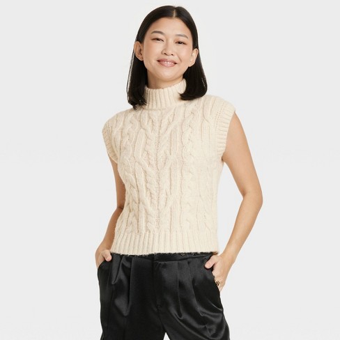 Women's Crewneck Cropped Sweater Vest - A New Day™ Cream XS