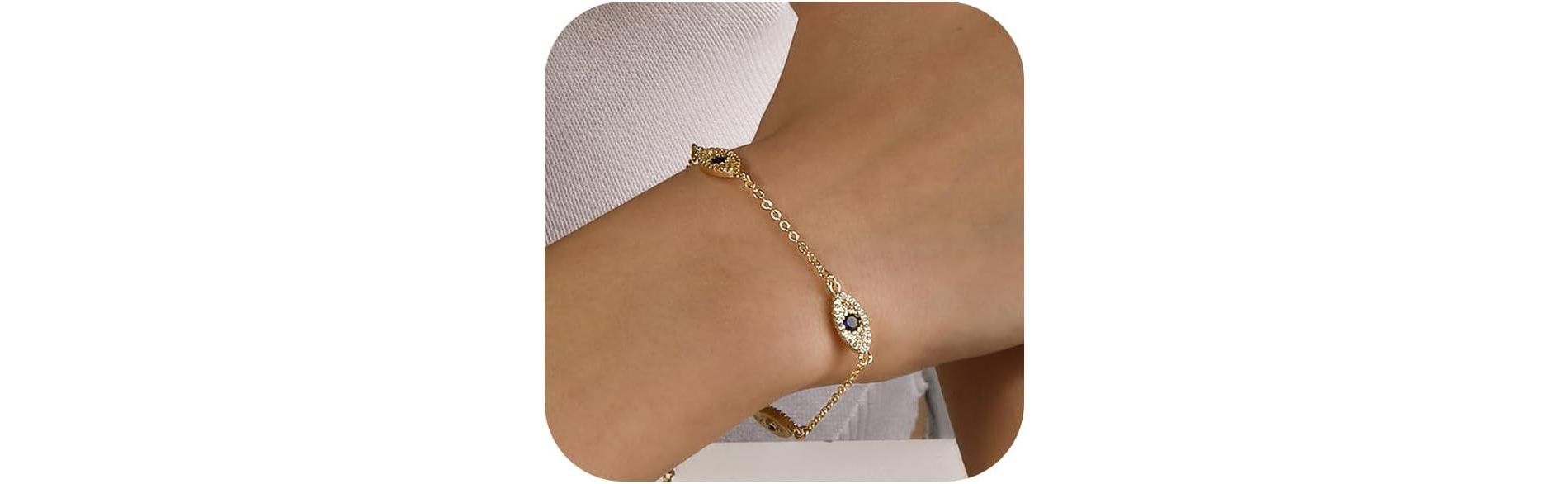 Bracelets for Women 14K Gold Silver Plated Ring Bracelet Hand Chain Dainty Evil Eye Heart Clover Daisy Cubic Zirconia