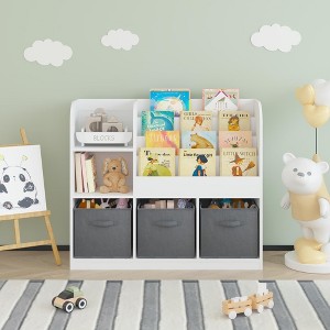 LOVSON Children's bookshelf and bookcase with 3 foldable fabric drawers, book display shelf for bedroom, playroom, hallway (white/gray) - 1 of 4