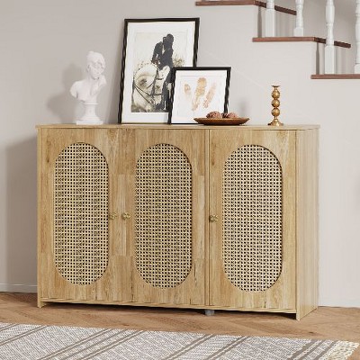 PAGED Retro 3-Door Sideboard Buffet Cabinet with Storage, Vintage Sideboard Cabinet with Rattan Panels, Accent Storage Cabinet for Living Room Hallway