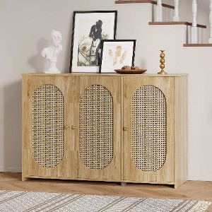 PAGED Retro 3-Door Dining Room Cabinet with Storage, Vintage Sideboard Cabinet with Rattan Panels, Accent Storage Cabinet for Living Room - 1 of 4