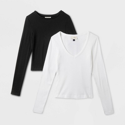 Women's 2pk Long Sleeve Shrunken Rib T-shirt - Universal Thread™ White ...