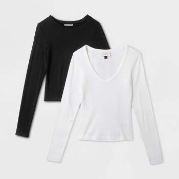 Women's 2pk Long Sleeve Shrunken Rib T-Shirt - Universal Thread™ White/Black