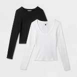 Women's 2pk Long Sleeve Shrunken Rib T-Shirt - Universal Thread™ White/Black