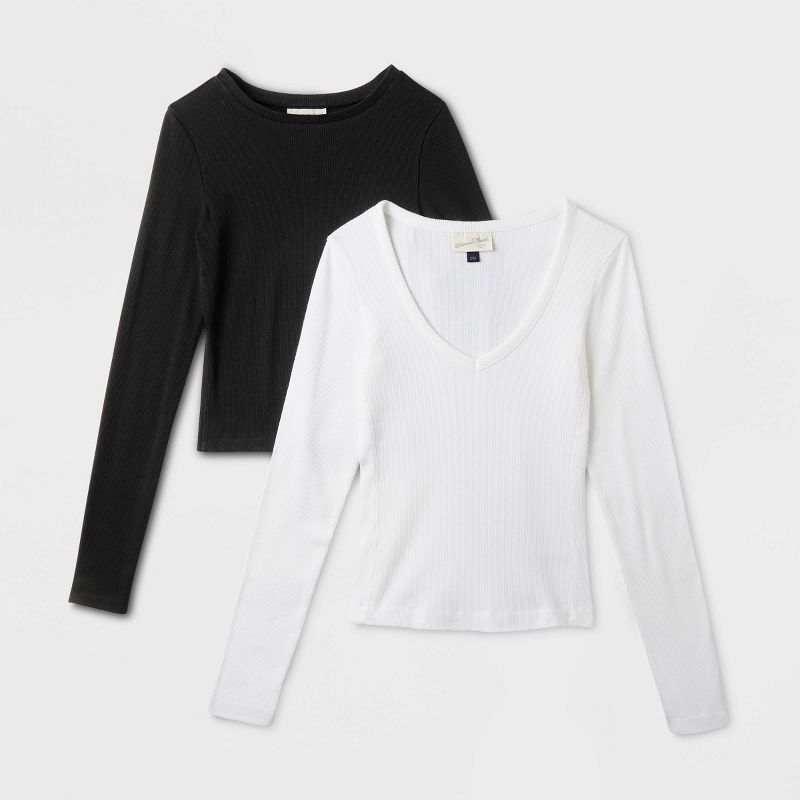 Women's 2pk Long Sleeve Shrunken Rib T-Shirt - Universal Thread™ White/Black, 1 of 8