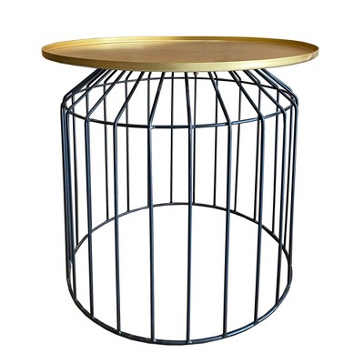 Round Tray Top Metal Accent Side End Table with Tubular Wire Frame Gold/Black - Benzara