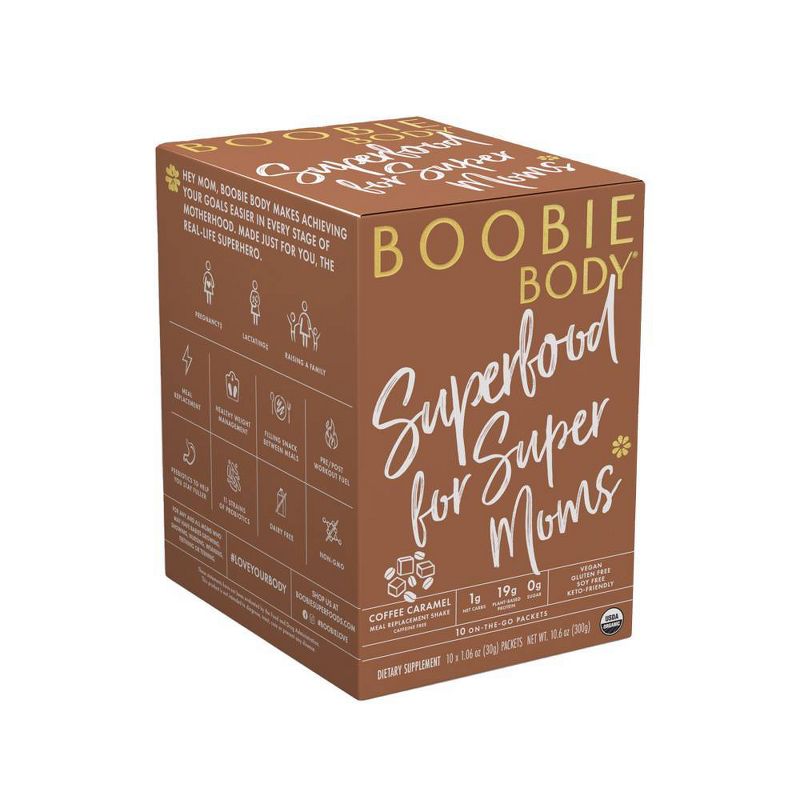 Boobie Body Organic Superfood Plant-Based Protein Shake Coffee Caramel Caffeine Free - 1.03oz -10 Single Serve Packets, 1 of 5