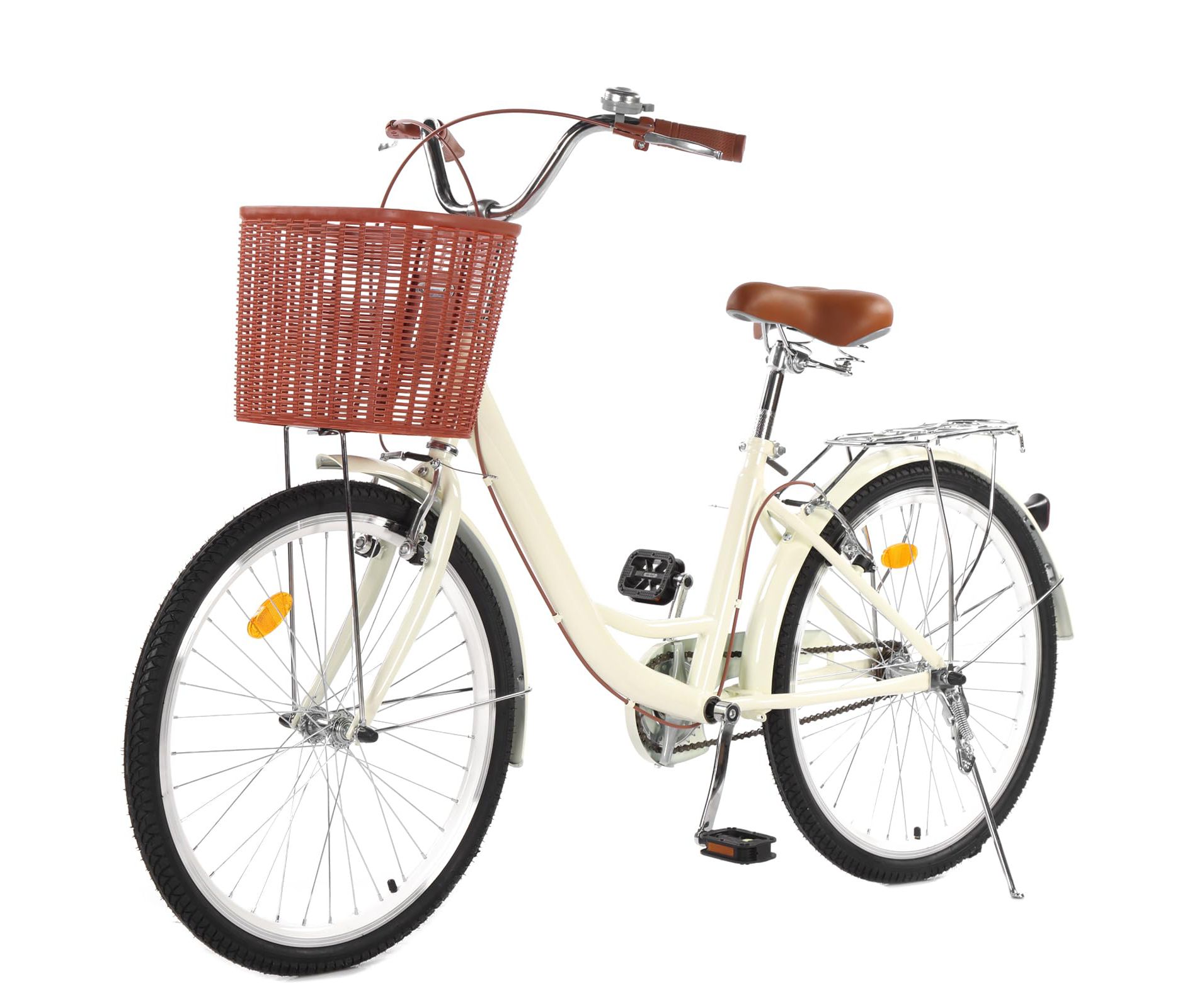 26 Inch Beach Cruiser Bike for Women, Womens Bike with Basket 1 Speed, Step Through Bikes, Commuter Bicycle Women Adult with Adjustable Seat Beige