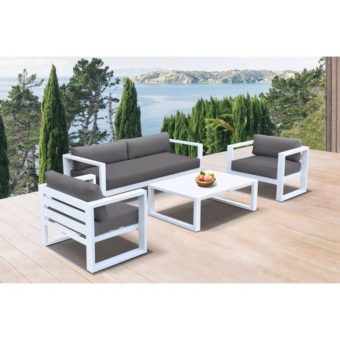 4pc Aegean Outdoor Set In White Finish, 4 Piece Outdoor Wicker Furniture Set With Charcoal Cushions