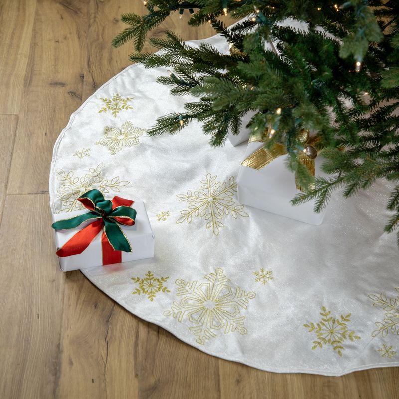 Northlight 48" White with Gold Embroidered Snowflakes Christmas Tree Skirt, 2 of 6