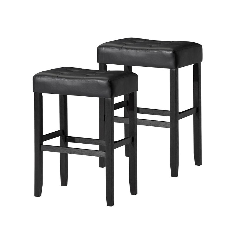 A La Carte Harper Kitchen Stool in Wood Finish with Distressed Brown Vegan Leather, Set of 2, 1 of 8