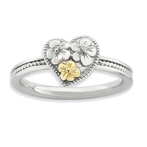 Black Bow Jewelry Sterling Silver, 14k Gold Plated & Diamond 9mm Floral Heart Stack Ring - 1 of 4