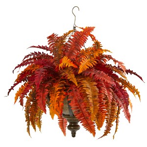 Nearly Natural 28-in Autumn Boston Fern Artificial Plant in Hanging Metal Bowl - 1 of 3