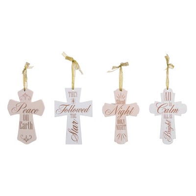 Transpac MDF Metallic Cross Ornament Set of 4 Multicolored Wood Christmas Tree Decorations Indoor Holiday Decor
