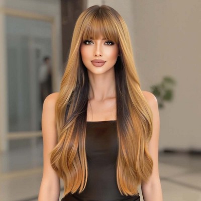 Jessie's Wig 26 Inch Long Wavy Wig With Bangs Ombre Brown To Auburn Brown 1 Pc/Pack