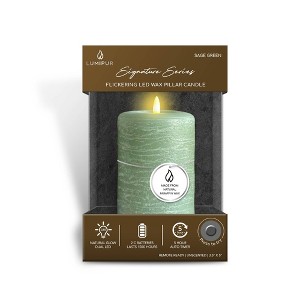LumiPur 3.5"x5" Signature Natural Glow Flickering Flameless LED Wax Pillar Candle Sage Green - 1 of 4