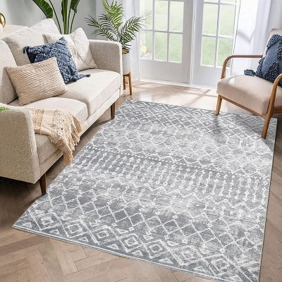 Washable Area Rugs Rug for Living Room Bedroom Farmhouse, Geometric Neutral Rug Low Pile Non-Slip Soft Stain-Resistant Carpet