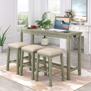 4 Pieces Counter Height Table with Fabric Padded Stools,Rustic Bar Dining Set with Socket,Gray Green - 1 of 3