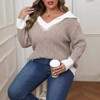 Coolmee Women's Plus Size Sweaters Fall Long Sleeve Lapel Clashing Color V Neck Sweater Cable Knit Pullover Casual Soft Jumper Top - 2 of 4