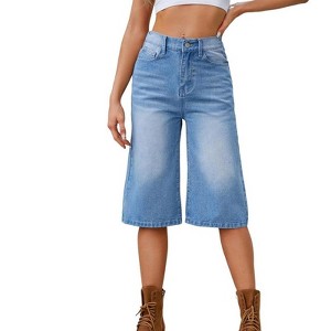 Coolmee Women's High Waisted Jean Shorts Baggy Straight Leg Stretchy  Denim Cropped Pants Casual Wide Leg Jeans - 1 of 4