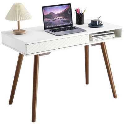 Small Writing Desk, Mid Century Modern Office Desk w/Storage, Multifunctional Wooden Study Table Computer Table for Bedroom, Living Room
