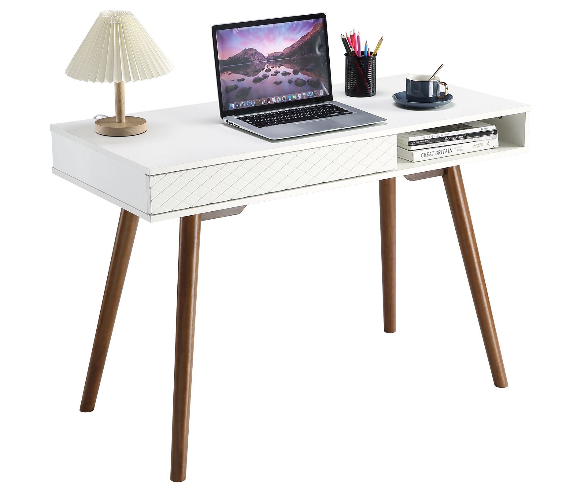 Small Writing Desk, Mid Century Modern Office Desk w/Storage, Multifunctional Wooden Study Table Computer Table for Bedroom, Living Room, white